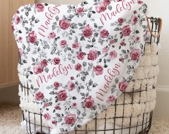 Custom Roses Nursery Baby Name Blanket, Personalized Flowers Swaddle Baby Shower Gift, Floral New Mom Hospital Blanket, Newborn Gift