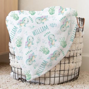 Custom Turtle Nursery Baby Name Blanket, Personalized Underwater Swaddle Baby Shower Gift, Ocean New Mom Hospital Blanket, Sea Newborn Gift