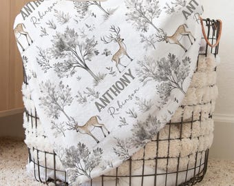 Custom Deer Nursery Baby Name Blanket, Personalized Woodland Swaddle Baby Shower Gift, Forest New Mom Hospital Blanket, Newborn Gift