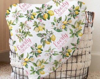 Custom Lemons Nursery Baby Name Blanket, Personalized Fruits Swaddle Baby Shower Gift, Citrus New Mom Hospital Blanket, Newborn Gift