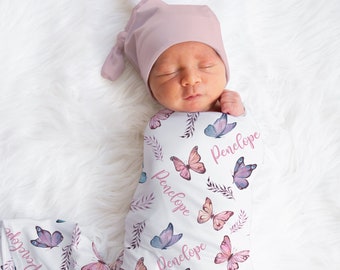 Custom Butterfly Baby Name Blanket, Personalized Baby Girl Butterfly Swaddle, Leaves Blanket, New Mom Gift, Newborn Gift, Baby Shower Gift