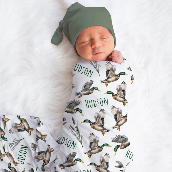 Personalized Mallard Duck Swaddle Blanket Farm Name Baby Blanket Newborn Baby Boy Coming Home Outfit Hospital Photo Outfit Baby Shower Gift