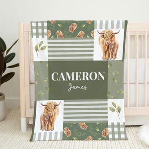 Highland Cow Blanket, Custom Boy Cow Nursery, Farm Crib Bedding, Kids Name Blanket, Toddler Birthday, Personalized Baby Shower Gift