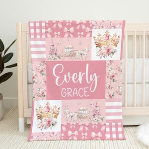 Princess Blanket, Custom Girl Castle Nursery, Floral Crib Bedding, Kids Name Blanket, Toddler Birthday, Personalized Baby Shower Gift