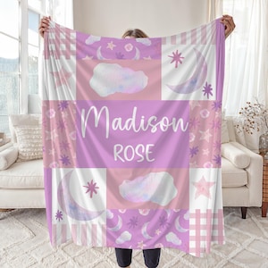 Pink Moon Blanket, Custom Girl Stars Nursery, Luna Crib Bedding, Kids Name Blanket, Toddler Birthday, Personalized Baby Shower Gift