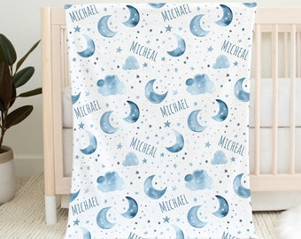 Moon Name Blanket, Custom Moon and Stars Boy Name Swaddle, Personalized Boy Swaddle, New Mom Gift, Newborn Gift, Ocean Baby Shower Gift