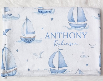 Custom Sailboat Baby Name Blanket Personalized Nautical Swaddle Hospital Blanket New Mom Gift Newborn Gift Baby Shower Gift Toddler Blanket