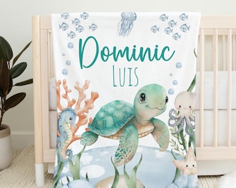 Personalized Ocean Baby Boy Name Blanket Custom Sea Turtle Nursery New Baby Gift Newborn Blanket Toddler Birthday Gift Baby Shower Gift