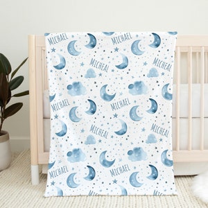 Moon Name Blanket, Custom Moon and Stars Boy Name Swaddle, Personalized Boy Swaddle, New Mom Gift, Newborn Gift, Ocean Baby Shower Gift