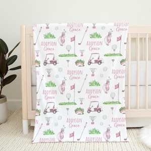 Custom Pink Golf Cart Baby Name Blanket Personalized Swaddle Hospital Blanket New Mom Gift Newborn Gift Baby Shower Gift Toddler Blanket