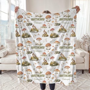 Mushroom Nursery Baby Blanket, Personalized Bunny Name Swaddle Baby Shower Gift, Custom Rabbit New Mom Hospital Blanket, Newborn Gift