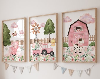 Set of 3 Farm Prints, Pink Tractor Wall Art Set, Pig And Cow Posters, Modern Art, Farm Bedroom Decor, Golf Nursery Decor