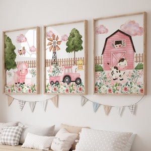Set of 3 Farm Prints, Pink Tractor Wall Art Set, Pig And Cow Posters, Modern Art, Farm Bedroom Decor, Golf Nursery Decor
