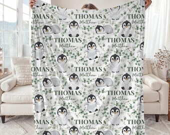 Penguins Nursery Baby Blanket, Personalized Penguin Name Swaddle Baby Shower Gift, Custom New Mom Hospital Blanket, Newborn Gift