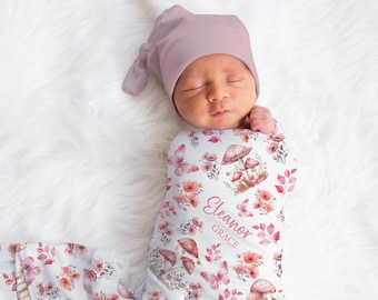 Personalized Pink Mushrooms Swaddle Blanket Butterfly Name Baby Blanket Floral Newborn Baby Girl Coming Home Outfit Baby Shower Gift