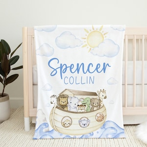 Personalized Noah&#39;s Ark Baby Boy Name Blanket Custom Safari Nursery New Baby Gift Newborn Blanket Toddler Birthday Gift Baby Shower Gift