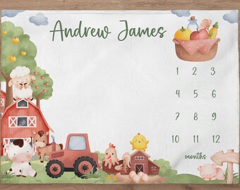 Farm Milestone Blanket Personalized Baby Boy Month Blanket Tractor Nursery Custom Age Growth Newborn Calendar Tracker New Baby Shower Gift
