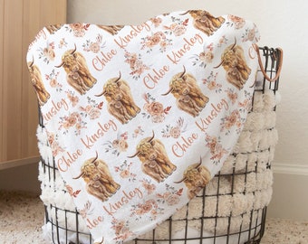 Custom Highland Cow Baby Girl Name Blanket, Caramel Flower Blanket, Personalized Farm Swaddle, New Mom Gift, Newborn Gift, Baby Shower