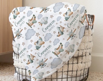 Custom Airplane Baby Name Blanket Personalized Aviation Swaddle Hospital Blanket New Mom Gift Newborn Gift Baby Shower Gift Toddler Blanket