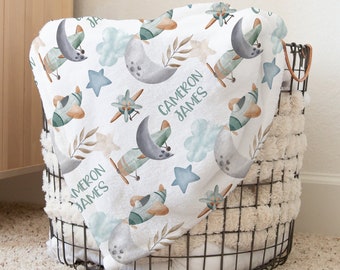 Custom Airplane Baby Name Blanket Personalized Moon Swaddle Hospital Blanket New Mom Gift Newborn Gift Baby Shower Gift Toddler Blanket