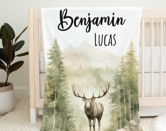 Custom Baby Boy Blannket, Woodland Blanket, Personalized Moose Blanket Gift, Toddler Blanket, Toddler Birthday Gift, Baby Shower Gift
