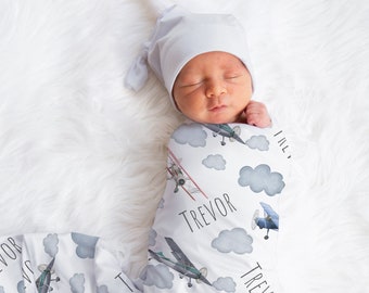 Custom Airplane Baby Name Blanket, Personalized Airplane Swaddle, New Mom Gift, Newborn Gift, Adventure Baby Shower Gift