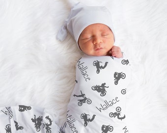 Custom Motocross Baby Name Blanket, Personalized Baby Boy Dirt Bike Swaddle, New Mom Gift, Newborn Gift, Motorcycle Baby Shower Gift