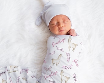 Custom Llama Baby Name Blanket, Personalized Baby Girl Llama Swaddle, Leaves Blanket, New Mom Gift, Newborn Gift, Baby Shower Gift