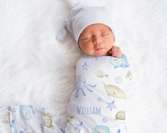 Custom Sea Animals Blanket, Personalized Whale, Turtle Swaddle, New Mom Gift, Newborn Gift, Ocean Baby Shower Gift