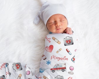 Custom Baby Girl Doctor Name Swaddle , Personalized Baby Girl Medicine & Ambulance Blanket, New Mom Gift, Newborn Gift, Baby Shower Gift