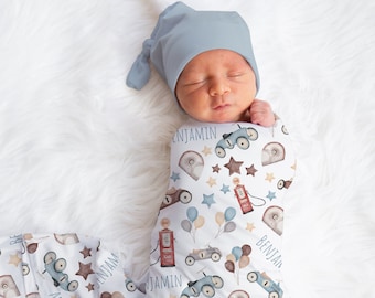 Custom Cars Baby Name Blanket, Personalized Baby Boy Vintage Cars Swaddle, New Mom Gift, Vehicle Newborn Gift, Retro Cars Baby Shower Gift
