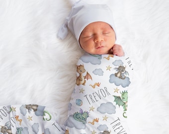 Custom Dragons Baby Boy Swaddle | Personalized Baby Boy Dragon Name Blanket | New Mom Gift | Newborn Gift | Fairytale Baby Shower Gift