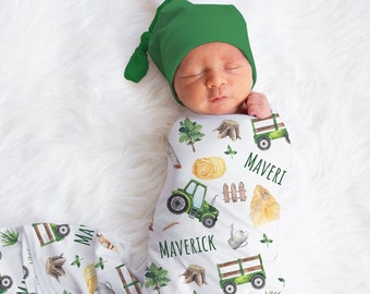 Custom Tractor Baby Boy Name Blanket, Personalized Farm Swaddle, Farm Nursery, New Mom Gift, Newborn Gift, Baby Shower Gift