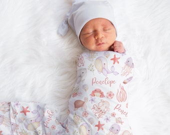Custom Sea Animals Blanket, Girl Ocean Name Swaddle, Personalized Whale, Turtle Swaddle, New Mom Gift, Newborn Gift, Ocean Baby Shower Gift