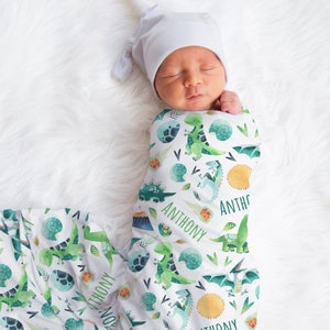 Personalized Dinosaur Swaddle, Custom Boy Dinosaurs Name Blanket, New Mom Gift, Newborn Gift, Dinosaur Baby Shower Gift