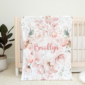 Personalized Pink Flowers Name Blanket | Custom Pink Floral Girl Blanket | Pink Roses Name Blanket | Newborn Gift | Baby Shower Gift