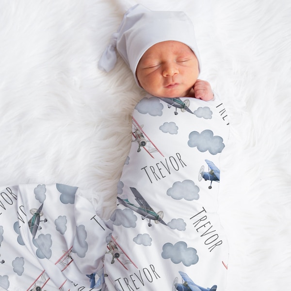 Custom Airplane Baby Name Blanket, Personalized Airplane Swaddle, New Mom Gift, Newborn Gift, Adventure Baby Shower Gift