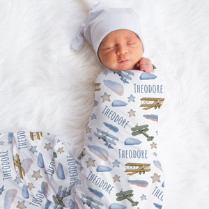 Custom Airplane Baby Name Blanket, Personalized Airplane Swaddle, New Mom Gift, Newborn Gift, Adventure Baby Shower Gift