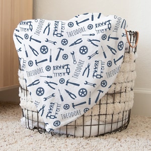 Personalized Mechanic Swaddle Blanket Construction Tools Name Baby Blanket Newborn Baby Boy Coming Home Hospital Outfit Baby Shower Gift