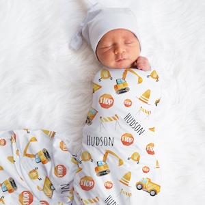 Custom Construction Baby Name Blanket, Personalized Baby Boy Dump Truck Swaddle, Excavator Construction Site Baby Blanket, Baby Shower Gift
