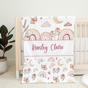 Personalized Boho Rainbow Baby Girl Name Blanket | Floral Name Blanket | New Baby Gift |  Custom Rainbow Theme Nursery | Baby Shower Gift