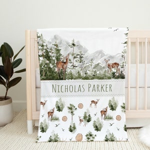 Woodland Name Blanket, Custom Mountains Boy Name Blanket, Personalized Forest Animals Blanket, Deer Blanket, Newborn Gift, Baby Shower Gift