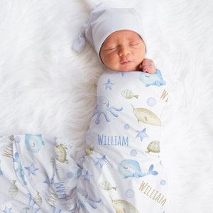 Custom Sea Animals Blanket, Personalized Whale, Turtle Swaddle, New Mom Gift, Newborn Gift, Ocean Baby Shower Gift