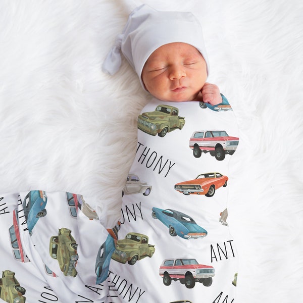 Custom Cars Baby Name Blanket, Personalized Baby Boy Vintage Cars Swaddle, New Mom Gift, Vehicle Newborn Gift, Retro Cars Baby Shower Gift