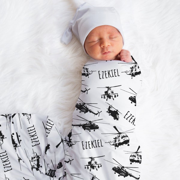 Custom Helicopter Name Blanket, Personalized Airplane Swaddle, Navy Helicopter Swaddle, New Mom Gift, Newborn Gift, Baby Shower Gift