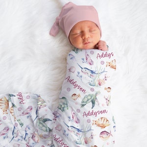 Ocean Animals Name Swaddle, Custom Girl Sea Blanket, Personalized Turtle Swaddle, New Mom Gift, Newborn Gift, Underwater Baby Shower Gift