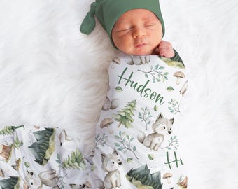 Personalized Wolf Swaddle Blanket Woodland Name Baby Blanket Newborn Baby Boy Coming Home Outfit Hospital Photo Outfit Baby Shower Gift