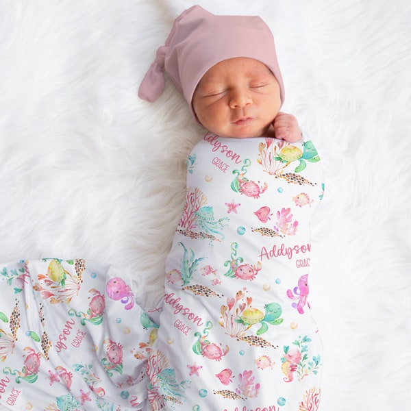 Manta de bebé con nombre de animales marinos, manta de niña personalizada con diseño de océano, manta de bebé con diseño de tortuga personalizada, regalo para mamá primeriza, regalo para recién nacido, regalo para baby shower submarino