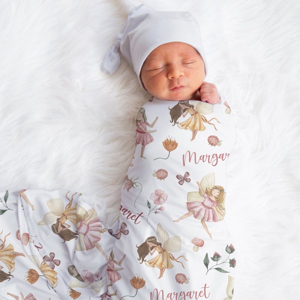 Custom Fairy Baby Girl Name Blanket, Personalized Baby Girl Pink Flowers Swaddle, New Mom Gift, Newborn Gift, Baby Shower Gift