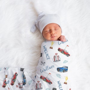 Custom Cars Baby Name Blanket, Personalized Baby Boy Sports Cars Swaddle, New Mom Gift, Vehicle Newborn Gift, Vintage Cars Baby Shower Gift